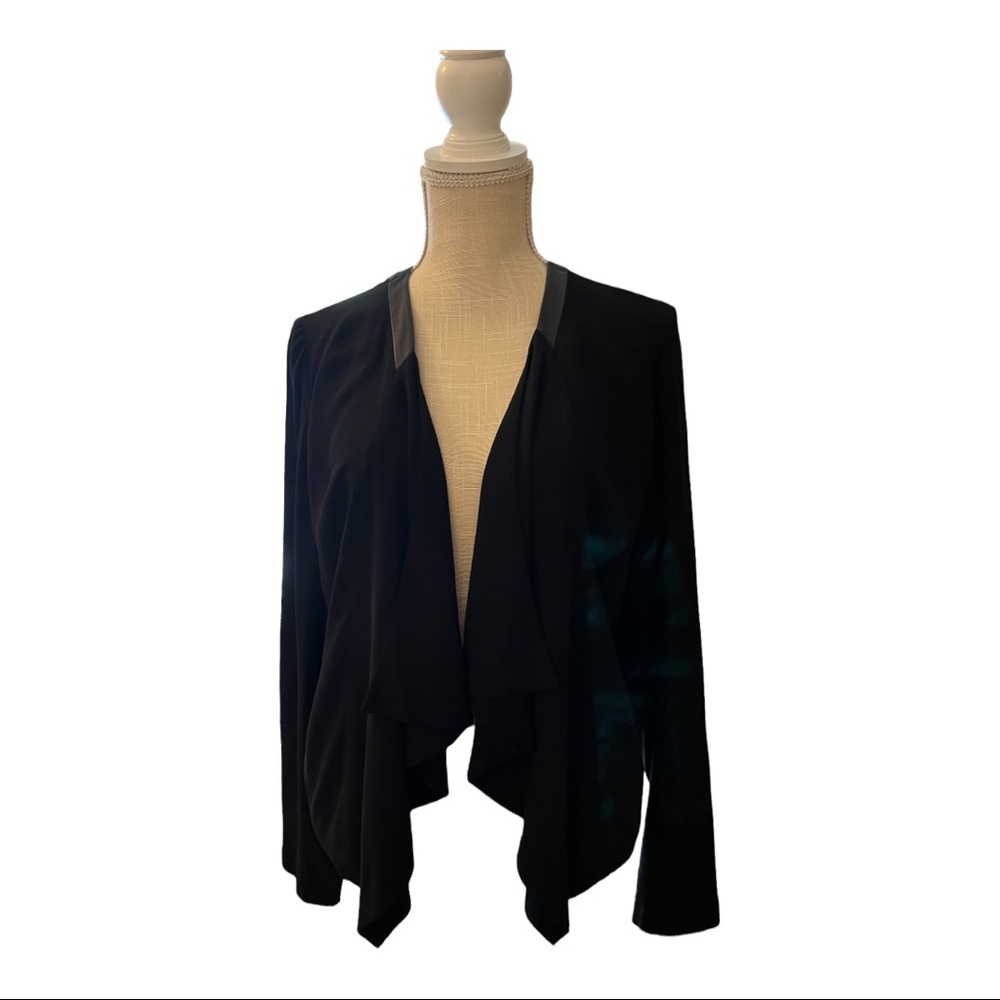 COPY - Eileen Fisher black drape front silk with leather trim jacket.  Size sma…